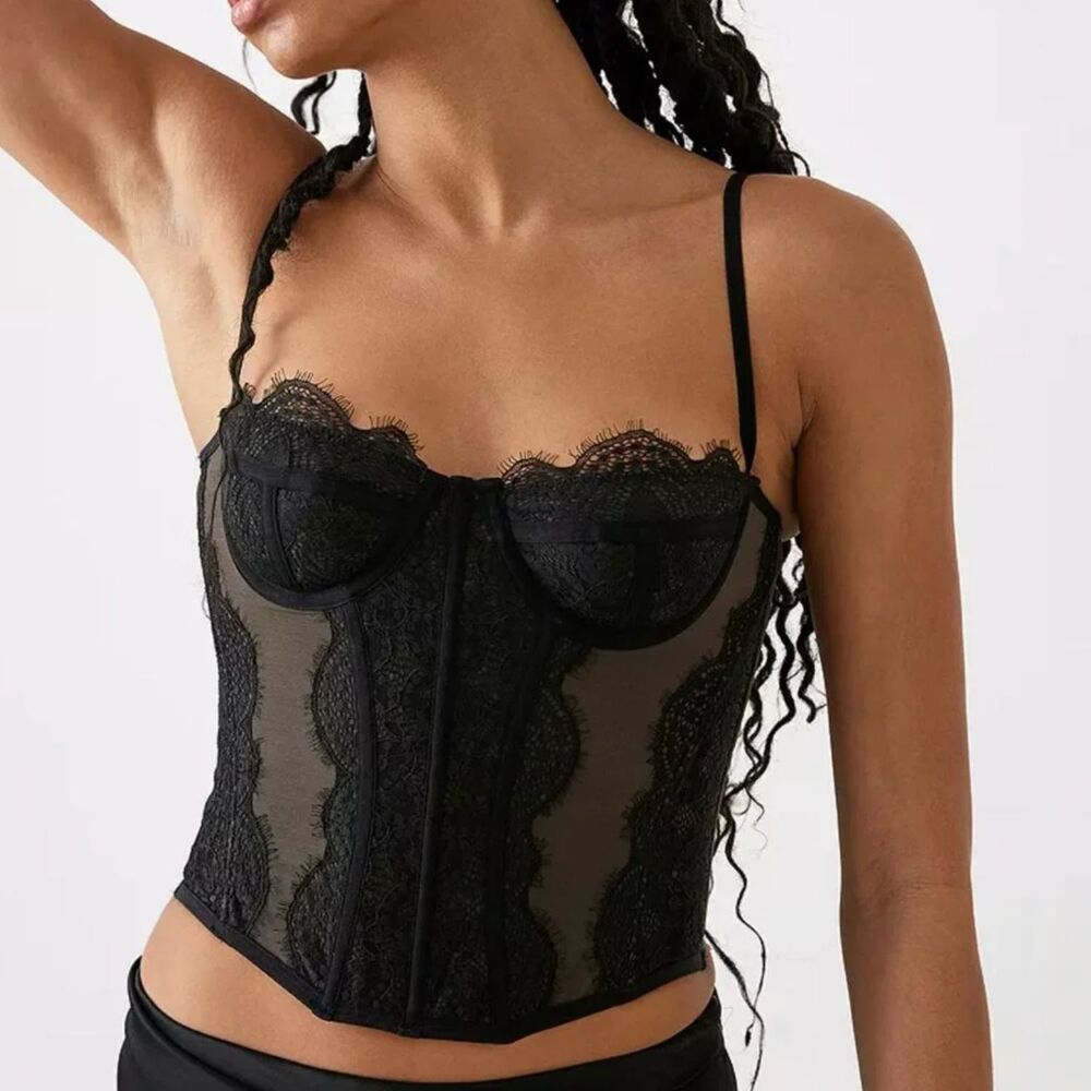 Urban Outfitters Corset Tank Top lace sheer womens Black (medium) modern love